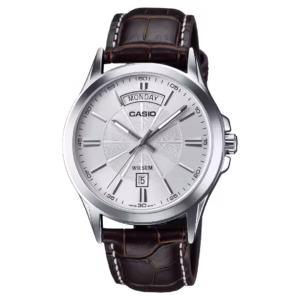 Casio MTP-1381L-7A Timeless men's classic silver brass case, silver sunburst dial with day-date window, brown genuine leather strap analog quartz watch