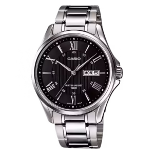 Casio MTP-1384D-1A men's classic stainless steel watch with silver case, silver bracelet, black sunburst dial, Roman numerals, and day-date window.