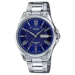 Casio MTP-1384D-2A men's silver stainless steel round watch with a navy blue sunburst guilloche dial, day-date window, Roman numerals, and a silver stainless steel bracelet.