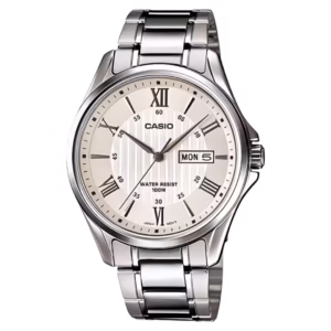 Casio MTP-1384D-7A Timeless men's classic quartz analog watch with round silver stainless steel case, 5-row bracelet, and cream sunburst guilloche dial with Roman numerals and day-date window.