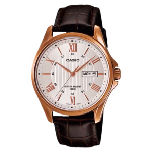 Casio MTP-1384L-7A men's classic rose-gold stainless steel watch with an ivory white sunburst guilloche dial, day-date window, Roman numerals, and a chocolate brown leather strap.