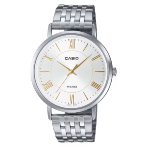 Casio MTP-B110D-7A men's classic silver stainless steel round watch with white sunburst dial, Roman numerals, and bracelet.