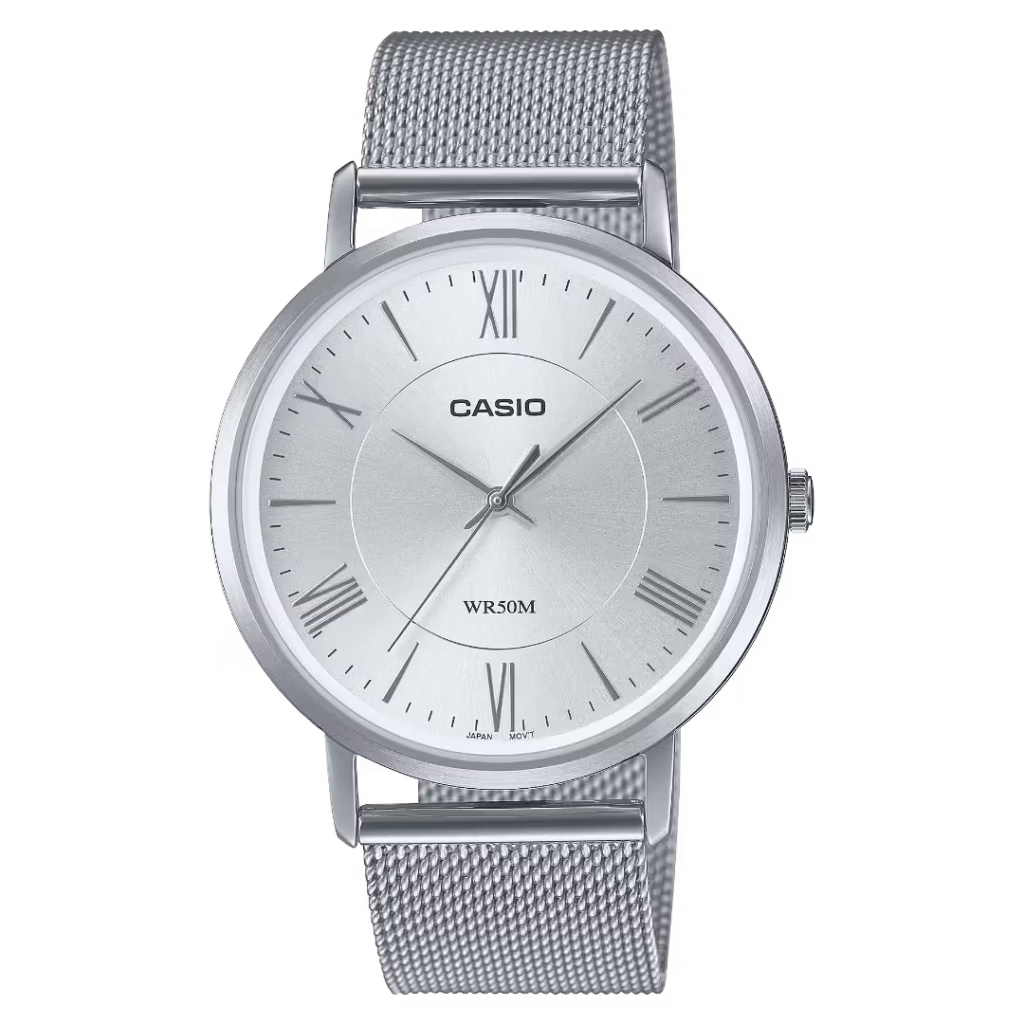 Чоловічий аналоговий кварцовий годинник Casio MTP-B110M-7A зі сріблястої нержавіючої сталі з міланським браслетом.