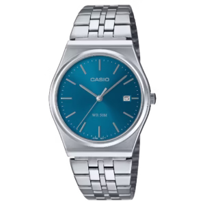 Casio MTP-B145D-2A2 Timeless silver stainless steel men's analog quartz watch with a teal blue sunburst dial and date window.