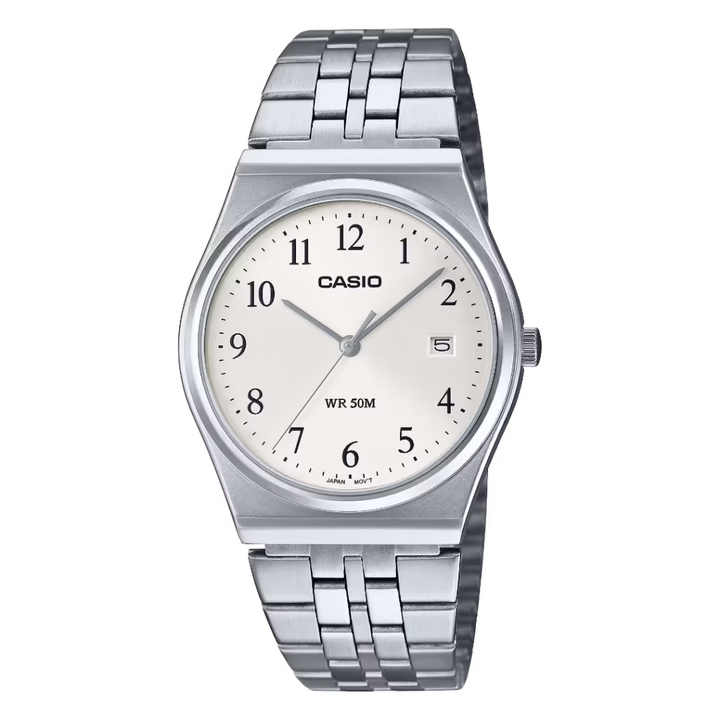 Чоловічий аналоговий кварцовий годинник Casio MTP-B145D-7B (колекція Timeless). Круглий корпус та браслет зі сріблястої сталі. Кремовий циферблат «сонячні промені» з вікном дати.