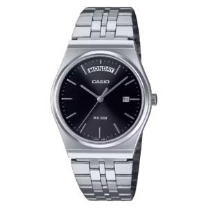 casio MTP-B146D-1A silver stainless-steel bracelet black dial analog day-date quartz watch