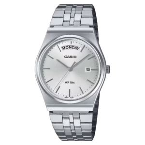 Casio MTP-B146D-7A Timeless Collection silver stainless steel round analog sunburst dial day-date quartz watch