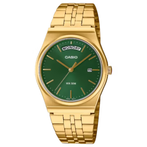 Casio MTP-B146G-3A Timeless Collection gold-tone stainless steel men's analog quartz watch with a forest-green sunburst dial and day-date window.