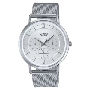 Casio MTP-B300M-7A Timeless silver stainless steel men's classic round analog quartz watch with sunburst dial, calendar & 24-hour subdials, Milanese mesh bracelet.