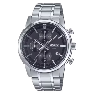 Casio MTP-E510D-1A1 Timeless men's classic round silver stainless steel watch with matte charcoal black chronograph dial and silver stainless steel bracelet.