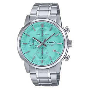 Casio MTP-E510D-2A Timeless men's classic silver stainless steel round Tiffany blue dial chronograph date analog quartz watch
