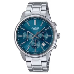 Casio MTP-E515D-2A1 Timeless men's classic silver stainless steel analog chronograph watch with teal blue sunburst dial and date window.
