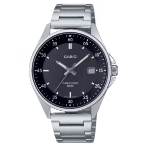 Casio MTP-E705D-1E Timeless silver stainless steel men's classic analog watch with black dial