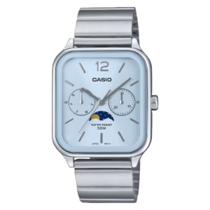 Casio MTP-M305D-2A Timeless Collection silver stainless steel men's rectangular watch with ice-blue dial, day-date subdials, and moon phase