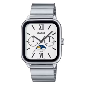 Casio MTP-M305D-7A2 Timeless silver stainless steel men's rectangular analog watch with white dial, Roman numerals, day-date subdials, and moon phase.