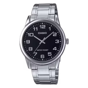 Casio MTP-V001D-1B Timeless silver chrome-plated brass case stainless steel bracelet men's black sunburst dial analog quartz watch