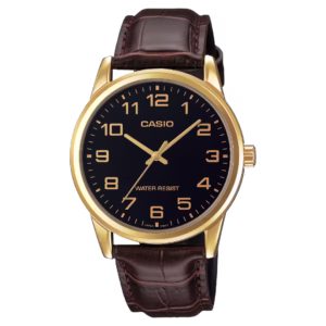 Casio MTP-V001GL-1B men's round gold ion-plated brass case, black sunburst dial, brown crocodile-embossed genuine leather strap quartz watch