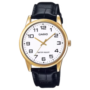 Casio MTP-V001GL-7B Timeless gold ion-plated brass case black genuine leather strap white dial men's analog casual watch