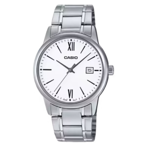 Casio MTP-V002D-7B3 Timeless Collection men's analog quartz watch with silver chrome-plated brass round case, silver stainless steel bracelet, white matte dial with Roman numerals and date window.