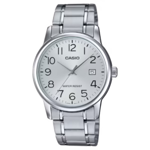 Casio MTP-V002D-7B Timeless silver stainless steel men's casual analog quartz watch with sunburst dial, Arabic numerals, and date window.
