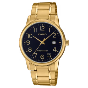 Casio MTP-V002G-1B Timeless men's gold ion-plated brass case and stainless steel bracelet analog quartz watch with black dial and date window.