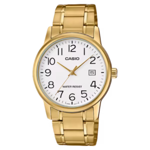 Casio MTP-V002G-7B Timeless gold-tone brass stainless steel men's analog quartz watch with white dial and date display