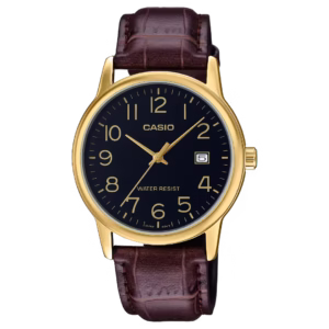 Casio MTP-V002GL-1B gold ion-plated brass round case black dial Arabic numerals date window brown crocodile embossed leather strap watch