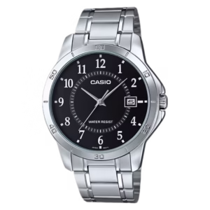 Casio MTP-V004D-1B Timeless men's silver chrome-plated brass round case, black dial with date window, stainless steel bracelet analog watch