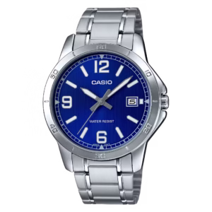 Casio MTP-V004D-2B Timeless men's silver-tone stainless steel bracelet analog quartz watch with a royal blue sunburst dial