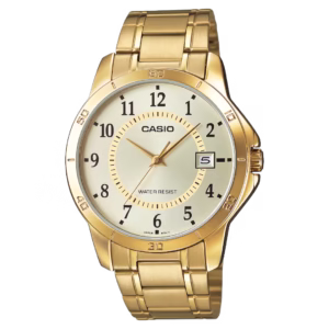 casio MTP-V004G-9B Timeless Collection gold-tone brass case, champagne dial with date window, stainless steel bracelet men's analog quartz watch