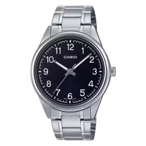 Casio MTP-V005D-1B4 Timeless silver chrome-plated brass case, black dial, olive green stainless-steel bracelet analog men's watch