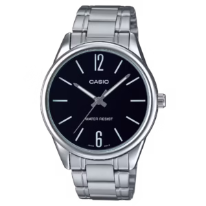 Casio MTP-V005D-1B Timeless silver and black stainless steel and brass men's classic analog quartz watch