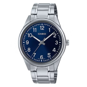 Casio MTP-V005D-2B4 Timeless men's silver-tone stainless steel bracelet watch with navy blue sunburst dial