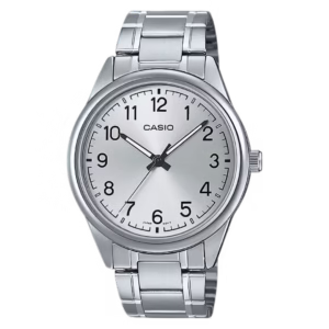 Casio MTP-V005D-7B4 Timeless Collection silver stainless-steel men's analog quartz watch with silver sunburst dial, Arabic numerals, and luminous hands.