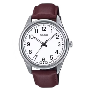 Casio MTP-V005L-7B4 men's silver brass round case white dial burgundy brown leather strap analog quartz watch