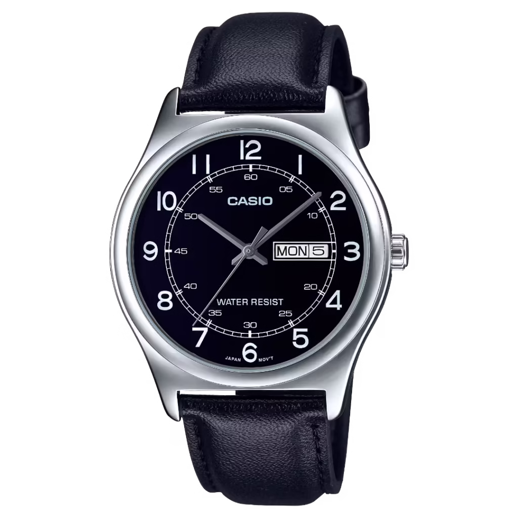 Чоловічий аналоговий кварцовий годинник Casio MTP-V006L-1B2 з корпусом із латуні сріблястого кольору, чорним циферблатом з вікном дати/дня тижня та чорним шкіряним ремінцем.