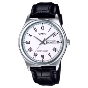 Casio MTP-V006L-7B Timeless Collection silver chrome-plated brass case, black genuine leather strap, white analog dial with Roman numerals and day-date window watch