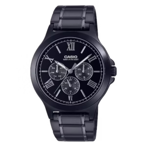 Casio MTP-V300B-1A men's Timeless collection black polished brass case, black sunburst dial with Roman numerals and calendar subdials, polished stainless steel bracelet watch