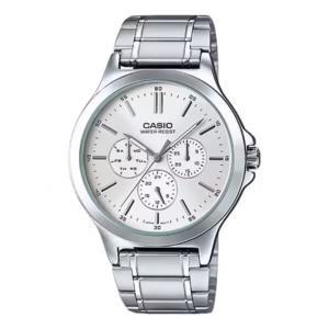 Casio MTP-V300D-7A Timeless men's silver-tone brass case, stainless steel bracelet, white dial with calendar subdials, analog quartz watch.