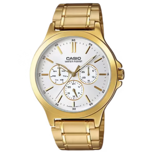 Casio MTP-V300G-7A men's classic analog watch with round gold-tone brass case, white sunburst dial, calendar and 24-hour subdials, and gold-tone stainless steel bracelet.