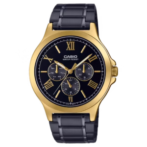 Casio MTP-V300GB-1A Timeless Collection gold ion-plated brass case, black sunburst dial with gold Roman numerals, black stainless steel bracelet, analog men's classic watch