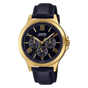 Casio MTP-V300GL-1A men's classic analog quartz watch with gold ion-plated brass case, navy blue sunburst dial with Roman numerals and subdials, and navy blue genuine leather strap.