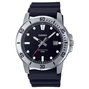 Casio MTP-VD01-1E Timeless Collection silver ion-plated brass case, black resin strap, black sunburst dial men's classic analog quartz watch