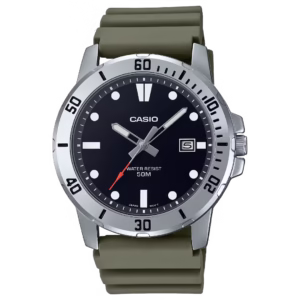 Casio MTP-VD01-3E Timeless Collection silver ion-plated brass case, olive green resin strap, black dial men's field watch