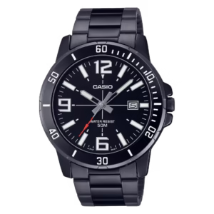 Casio MTP-VD01B-1B men's classic black ion-plated brass round case black sunburst dial with Arabic numerals and date window black stainless steel strap analog watch