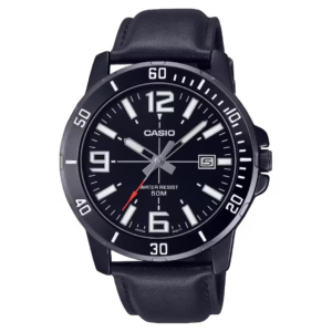 Casio MTP-VD01BL-1B Timeless black ion-plated brass men's analog quartz watch with black sunburst dial, mineral glass, and black genuine leather strap.