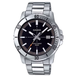 Casio MTP-VD01D-1E2 Timeless men's classic analog watch, silver-tone brass case, silver stainless steel bracelet, black sunburst dial with date window.