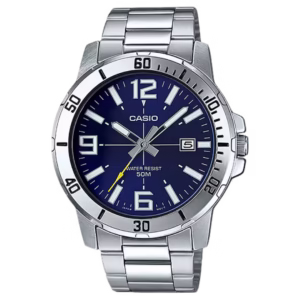 Casio MTP-VD01D-2B Timeless men's classic silver stainless steel watch with a navy blue sunburst dial and date window.