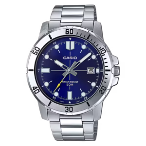 Casio MTP-VD01D-2E Timeless men's classic analog quartz watch with a silver chrome-plated brass case, silver stainless steel bracelet, and navy blue sunburst dial with date window.