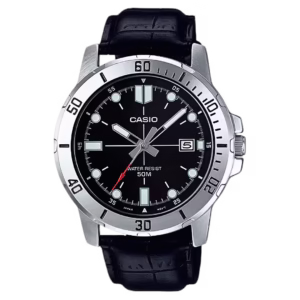 Casio MTP-VD01L-1E Timeless men's classic silver brass case, black sunburst dial, black leather strap analog quartz watch